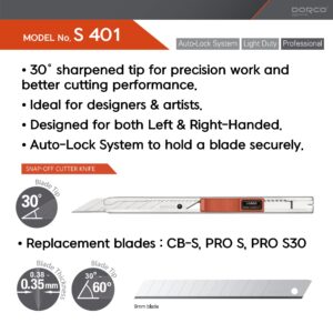 DORCO Professional Quality Utility Box Cutter Knife S401 - Auto-Lock Safety System, Small Design, Retractable, Built-In Snap-Off Tool, Replaceable Carbon Steel Blade, 30° Blade Tip For Precision - 9mm