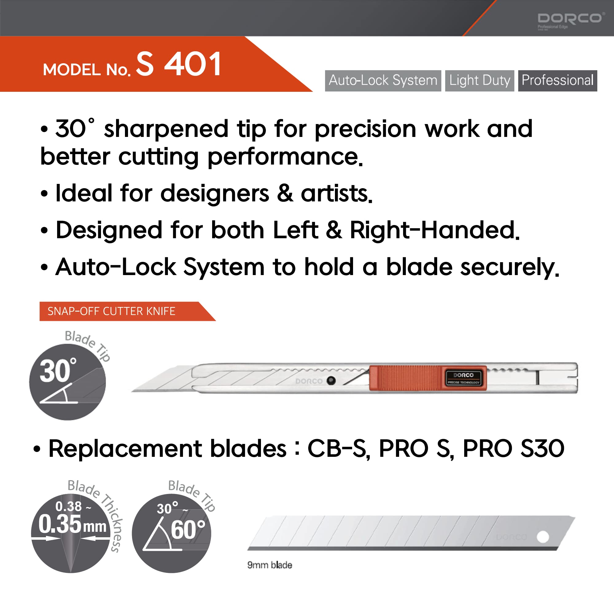 DORCO Professional Quality Utility Box Cutter Knife S401 - Auto-Lock Safety System, Small Design, Retractable, Built-In Snap-Off Tool, Replaceable Carbon Steel Blade, 30° Blade Tip For Precision - 9mm