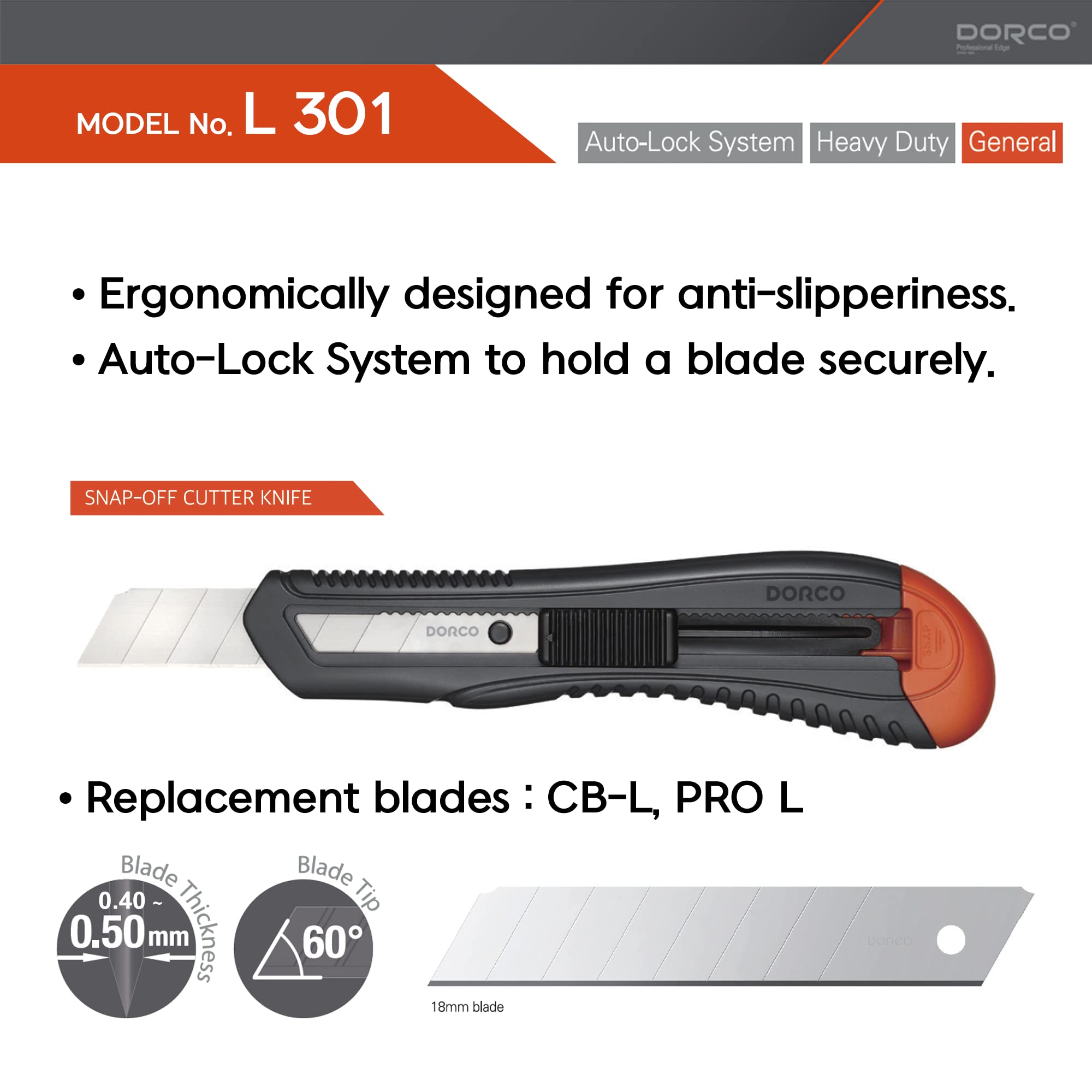 10 Pcs, DORCO Professional Quality Utility Box Cutter Knife L301 - Auto-Lock Safety System, Large Design, Retractable, Built-In Snap-Off Tool, Replaceable Carbon Steel Blade - 18mm
