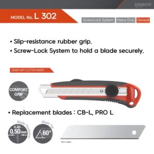 DORCO Professional Quality Utility Box Cutter Knife L302 - Solid Screw-Lock Safety System, Large Design, Retractable, Built-In Snap-Off Tool, Replaceable Carbon Steel Blade - 18mm