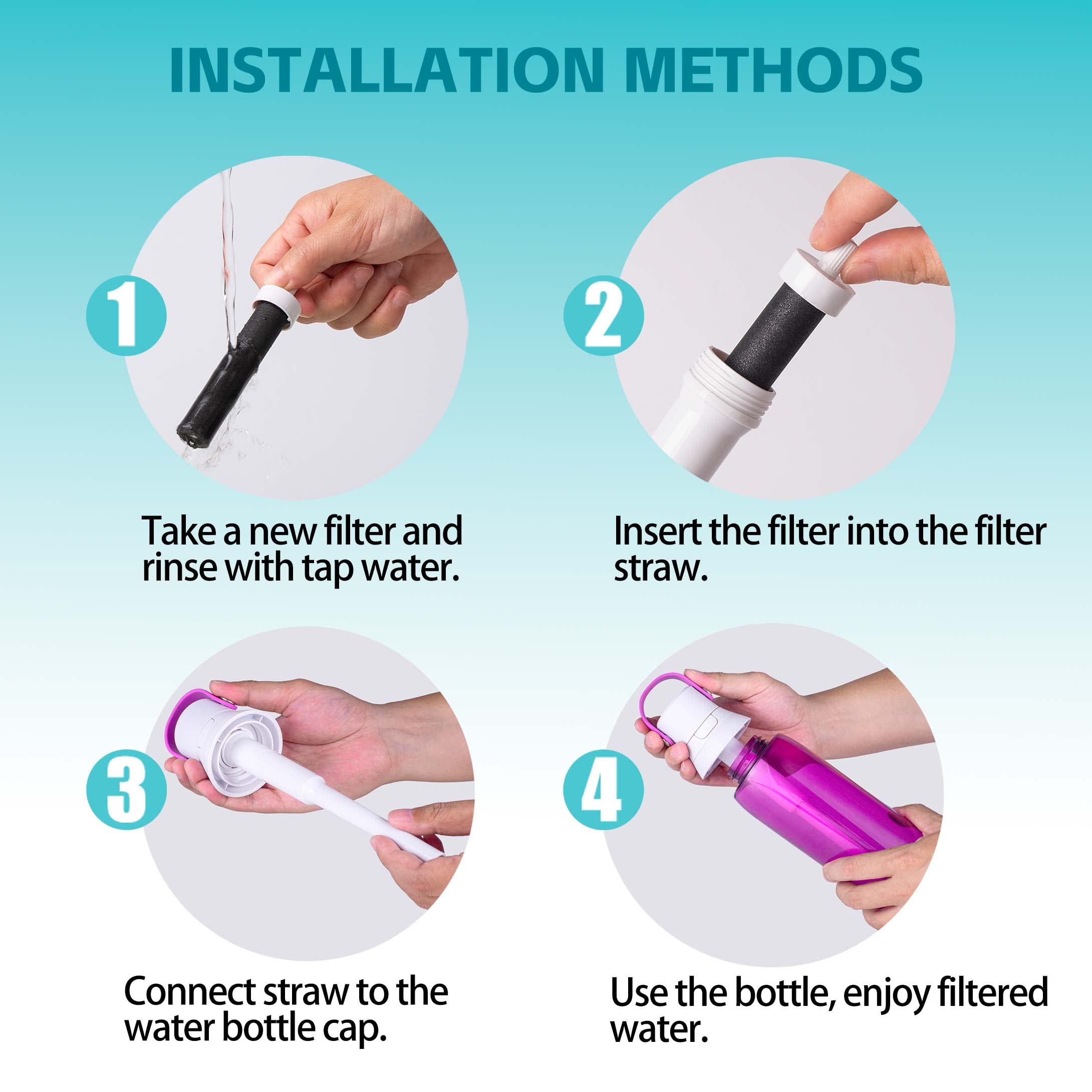 Water Bottle Straw, Water Bottle Filter for Brita, Replacement Parts for Brita Insulated Filtered Stainless Steel and Plastic Water Filter Bottle, Water Filter Straw with 4Pcs Water Bottle Filters.