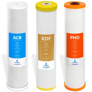 express water whole house 3 stage heavy metal and anti scale water filter set - polyphosphate, carbon block, kdf high capacity cartridge filters - 5 micron 4.5” x 20” inch