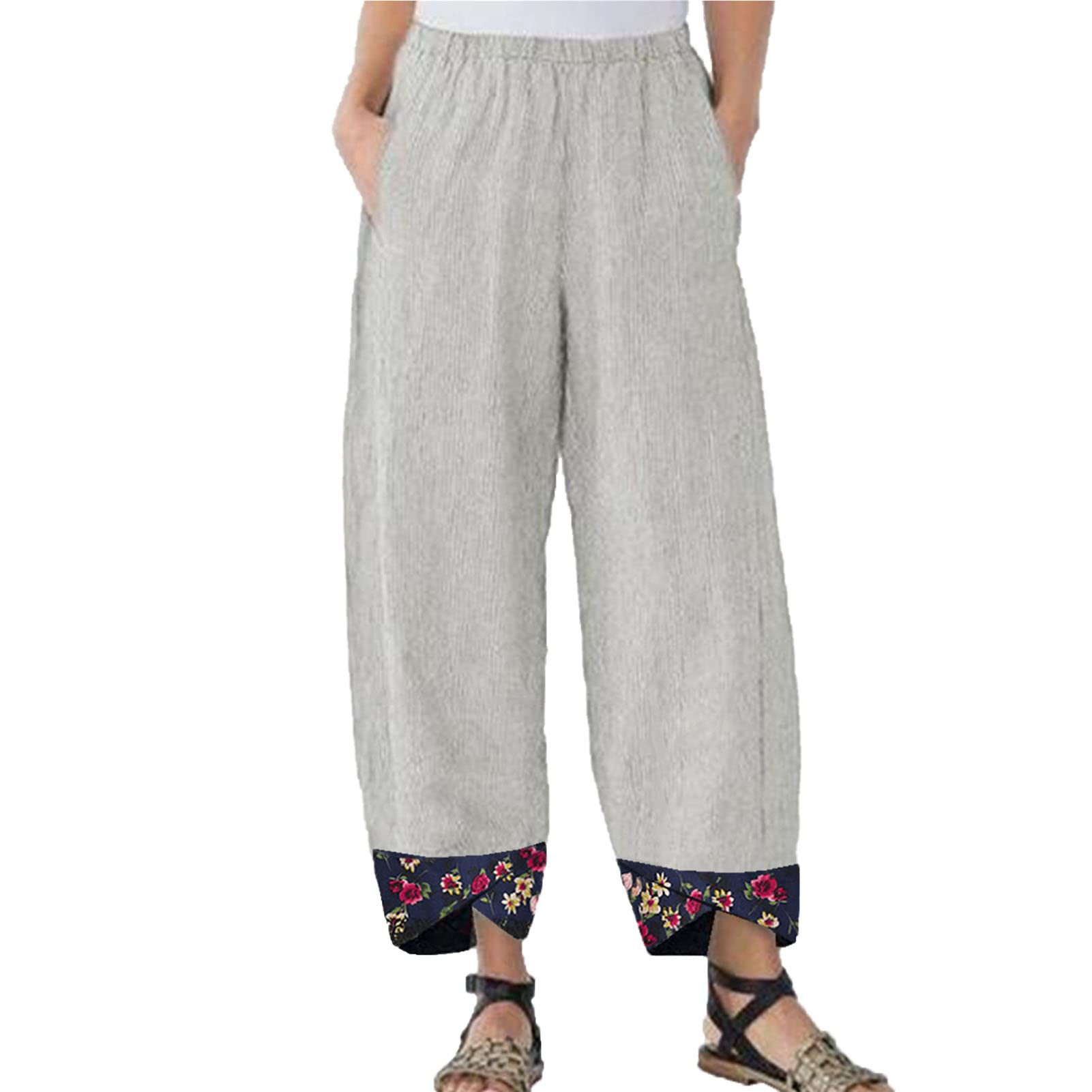 Maiyifu-GJ Women's Printed Linen Wide Leg Pants Summer Elastic Waist Beach Harem Trousers Lightweight Cropped Bottoms Pants (Light Grey,4X-Large)