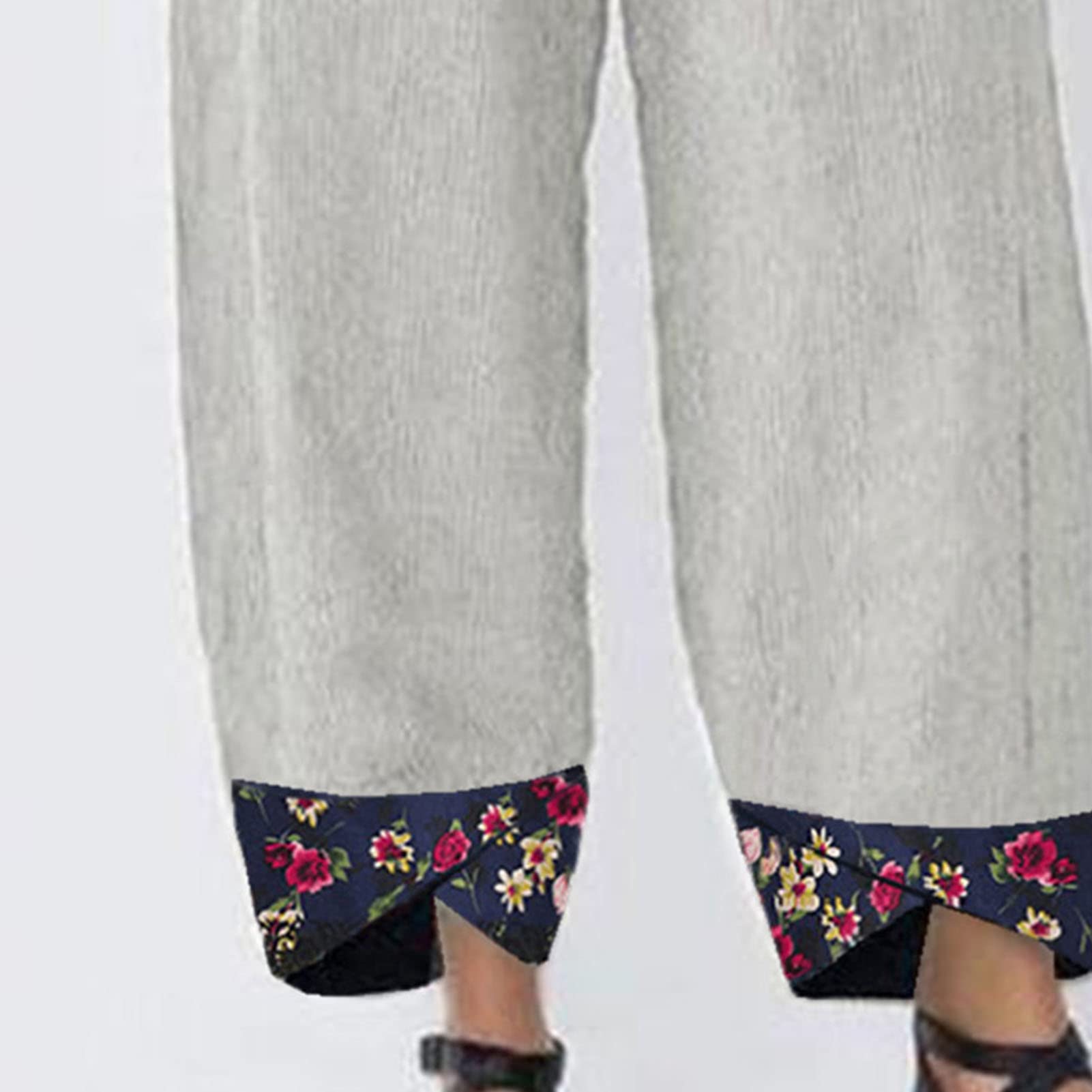 Maiyifu-GJ Women's Printed Linen Wide Leg Pants Summer Elastic Waist Beach Harem Trousers Lightweight Cropped Bottoms Pants (Light Grey,4X-Large)