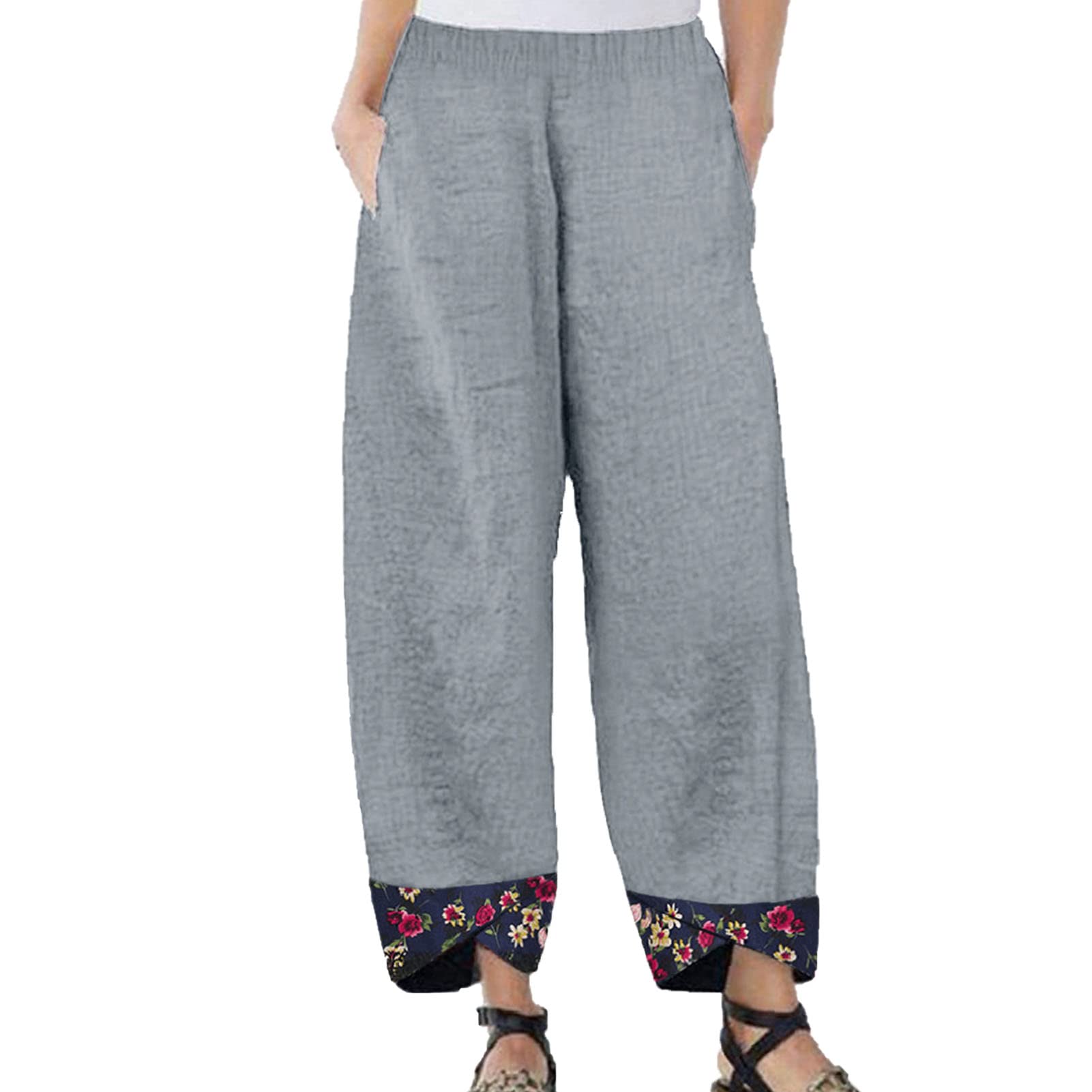 Maiyifu-GJ Women's Printed Linen Wide Leg Pants Summer Elastic Waist Beach Harem Trousers Lightweight Cropped Bottoms Pants (Grey,X-Small)