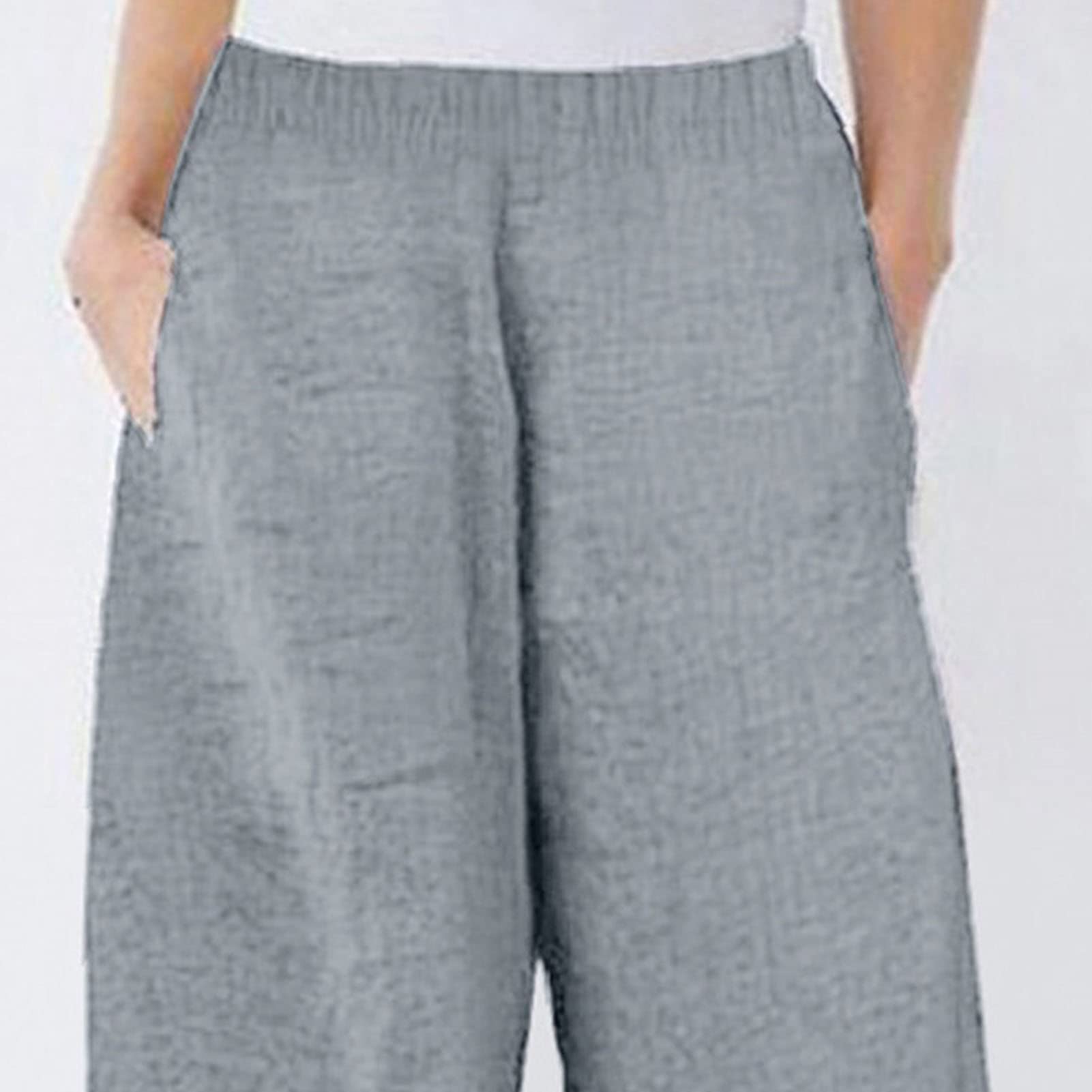 Maiyifu-GJ Women's Printed Linen Wide Leg Pants Summer Elastic Waist Beach Harem Trousers Lightweight Cropped Bottoms Pants (Grey,X-Small)