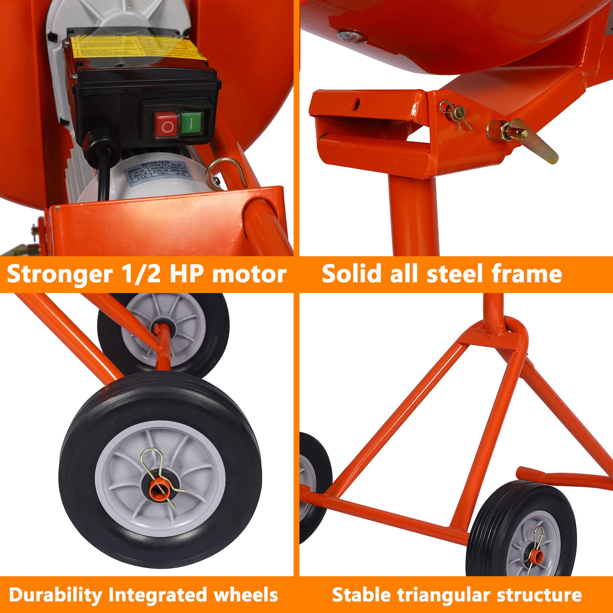 5 CU FT Electric Cement Mixer,1/2 HP Concrete Mixer Machine with Wheel and Stand,Portable Cement Mixer Machine,Suitable for Stucco and Seeds (5 Cu. Ft, Orange)