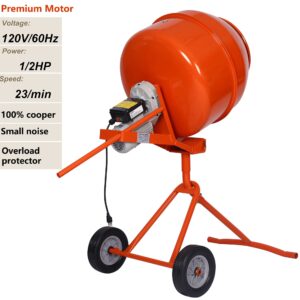 5 CU FT Electric Cement Mixer,1/2 HP Concrete Mixer Machine with Wheel and Stand,Portable Cement Mixer Machine,Suitable for Stucco and Seeds (5 Cu. Ft, Orange)