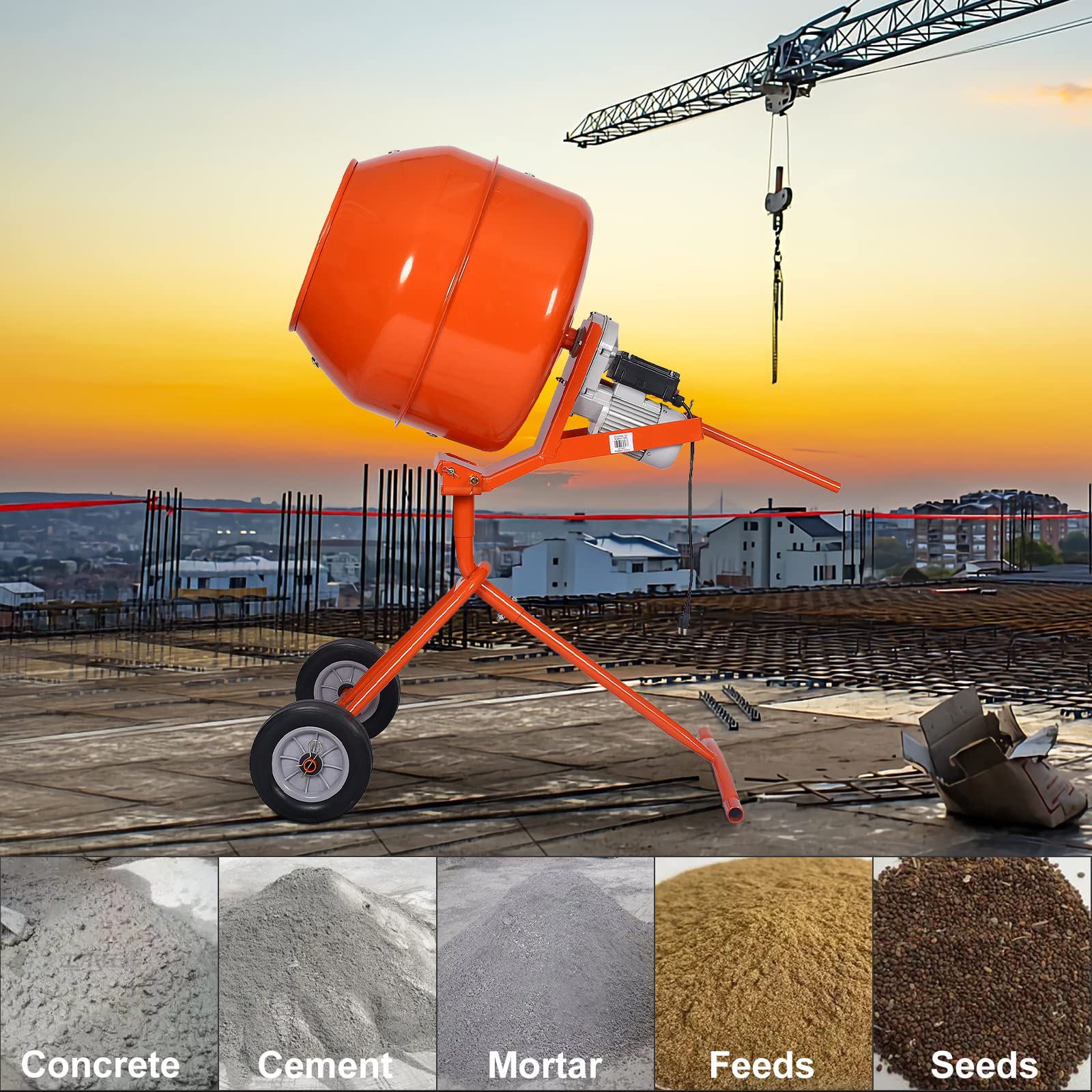 5 CU FT Electric Cement Mixer,1/2 HP Concrete Mixer Machine with Wheel and Stand,Portable Cement Mixer Machine,Suitable for Stucco and Seeds (5 Cu. Ft, Orange)