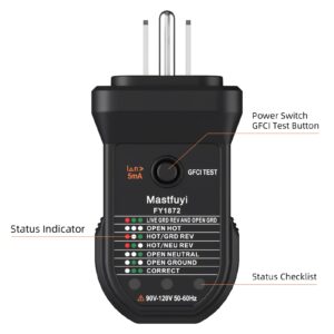 Mastfuyi Outlet Tester, Socket Tester for GFCI/Standard North American AC Electrical Outlets, Receptacle Tester for Standard 3-Wire 120V Electrical Receptacles, Detects Common Wiring Problems