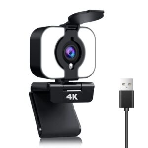 4k webcam, usb webcam with microphone privacy cover uhd built-in ring light streaming webcams for pc/mac/laptop, plug and play web camera for video calling, study, gaming, online classes, conference