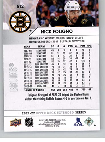 2021-22 Upper Deck Extended #512 Nick Foligno Boston Bruins NHL Hockey Trading Card