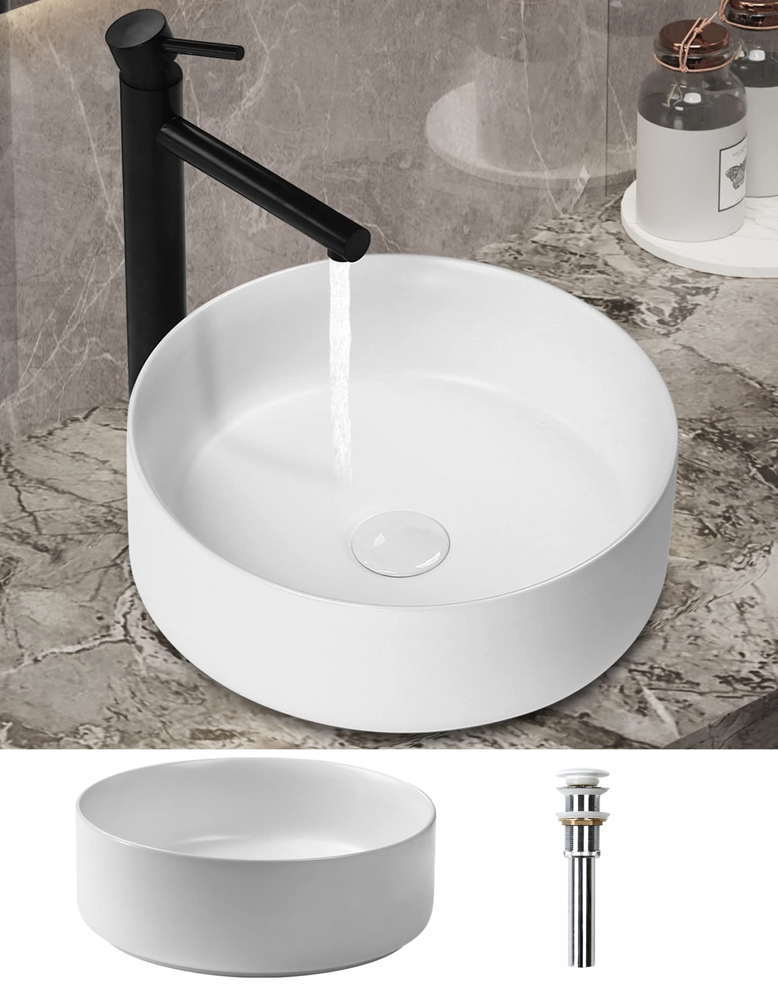 Bathroom Vessel Sink - SENTANI 14.4" Round Modern Above Counter Bathroom Sink - Porcelain Ceramic Vessel Vanity Sink Art Bowl Basin - Matte White