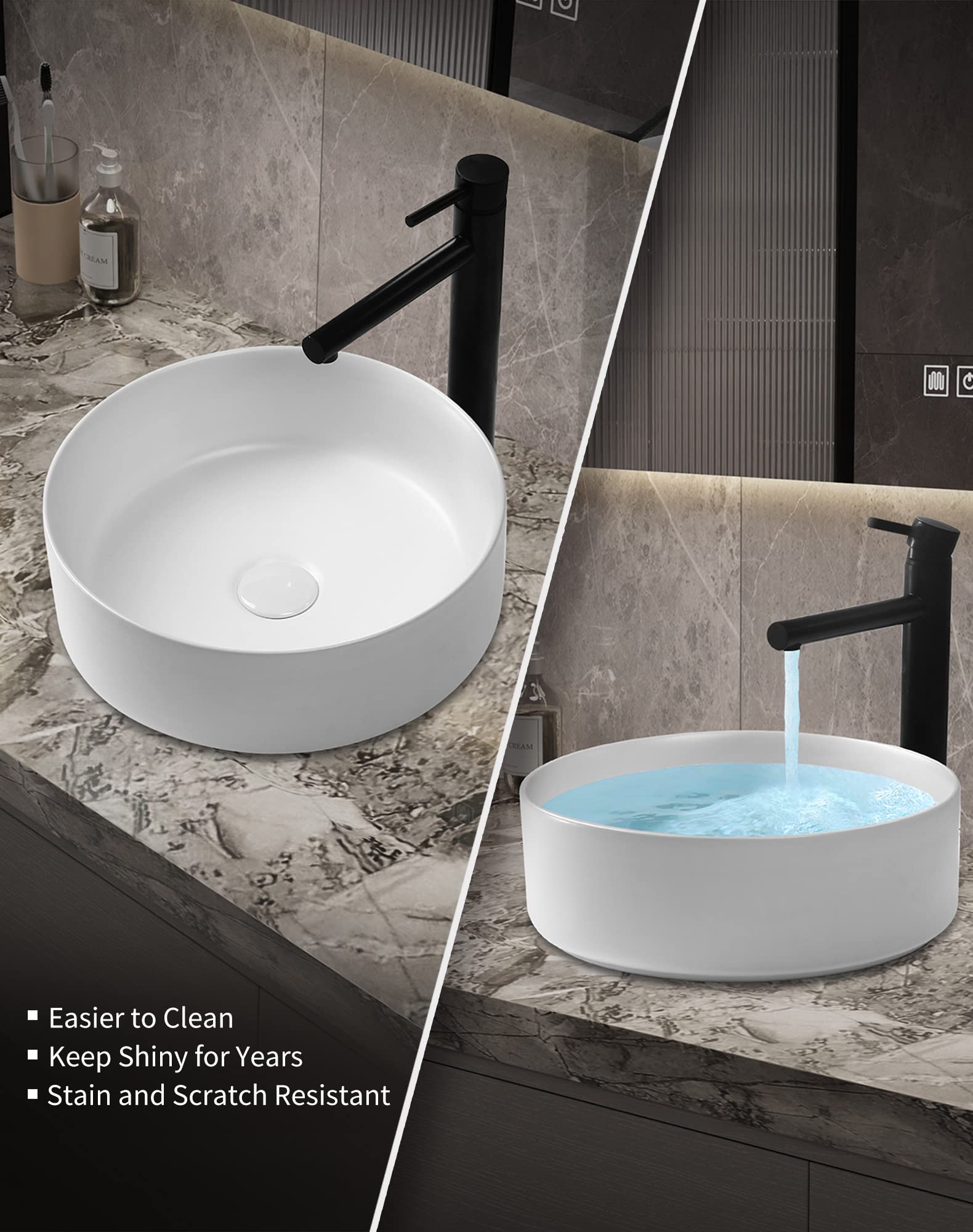 Bathroom Vessel Sink - SENTANI 14.4" Round Modern Above Counter Bathroom Sink - Porcelain Ceramic Vessel Vanity Sink Art Bowl Basin - Matte White