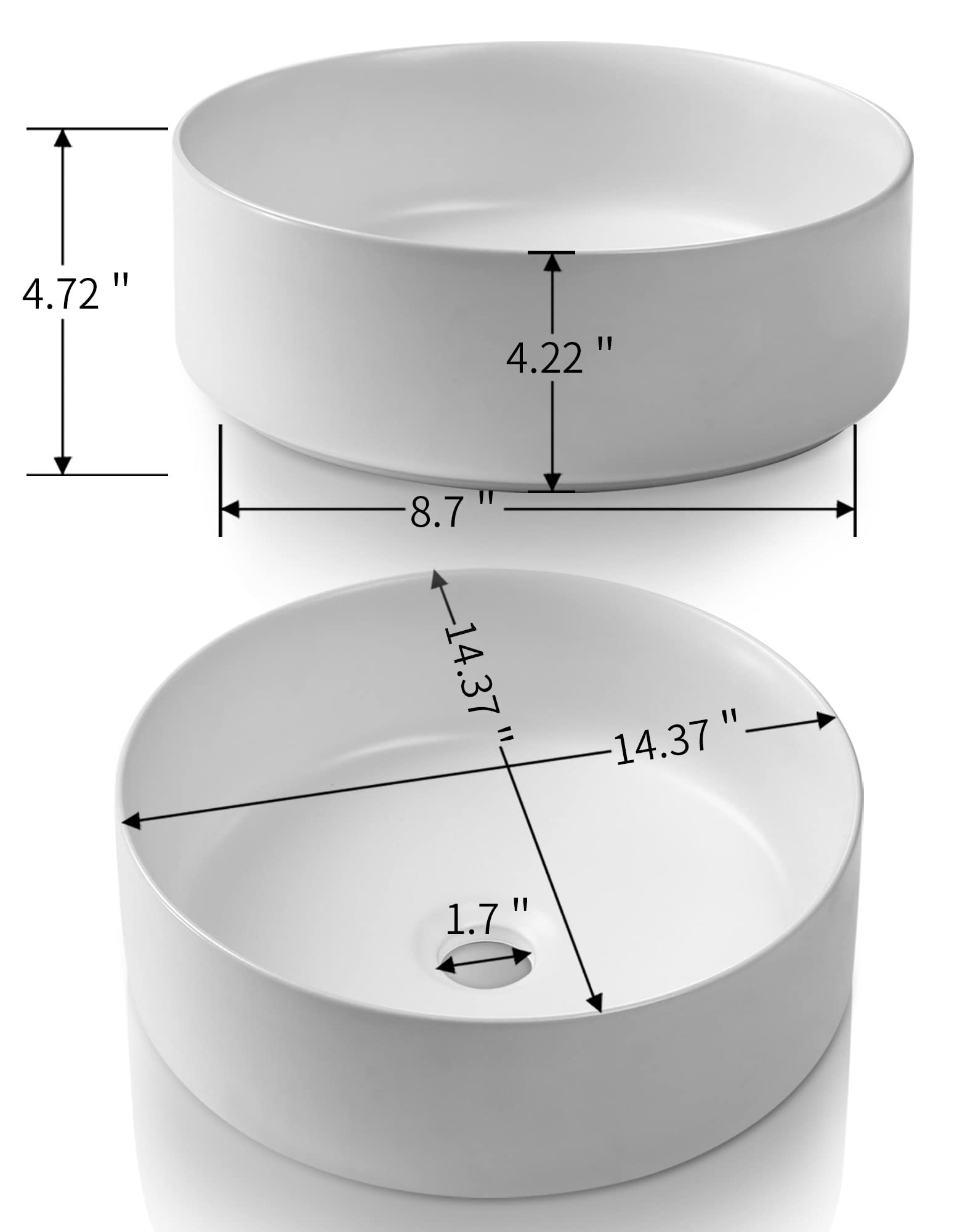 Bathroom Vessel Sink - SENTANI 14.4" Round Modern Above Counter Bathroom Sink - Porcelain Ceramic Vessel Vanity Sink Art Bowl Basin - Matte White