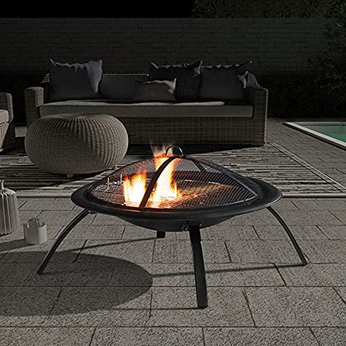 Fire Pit Set for Outside, 26 in Wood Burning Outdoor Fire Pit, Large Steel Firepit Bow for Patio Garden BBQ Camping Picnic, with Spark Screen, Fire Poker, Cover (Round Black)
