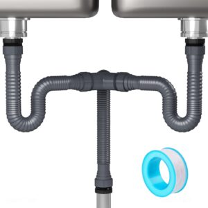 nihome expandable flexible 1 1/2" or 1 1/4" p-trap pipe for double kitchen sink, with adapter sealing ring tape drain tubing pipe kit for kitchen sink drain & garbage disposal (grey)