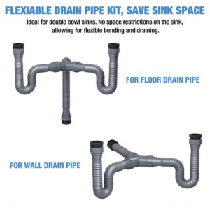 NiHome Expandable Flexible 1 1/2" or 1 1/4" P-Trap Pipe for Double Kitchen Sink, with Adapter Sealing Ring Tape Drain Tubing Pipe Kit for Kitchen Sink Drain & Garbage Disposal (Grey)