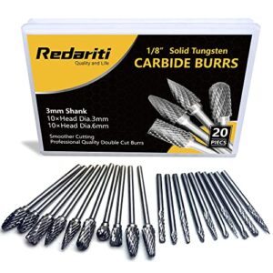 redariti carbide rotary burrs set 1/8" shank (3mm) 20pc, double cut compatible with dremel accessories for woodworking，suitable for fine objects, making engraving work more excellent and simple.
