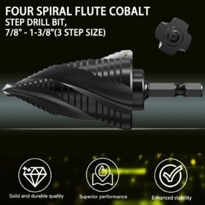 Step Drill Bit M35 Cobalt Four Helical Flutes 1/4" Hex Shank Drill 1/8"-1/2 (13 Sizes) for Working Metal, Wood, Aluminum, Plastic, Great for DIYers