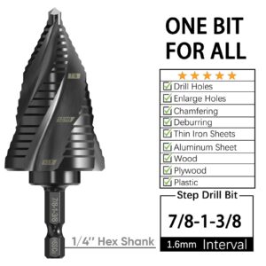 Step Drill Bit M35 Cobalt Four Helical Flutes 1/4" Hex Shank Drill 1/8"-1/2 (13 Sizes) for Working Metal, Wood, Aluminum, Plastic, Great for DIYers