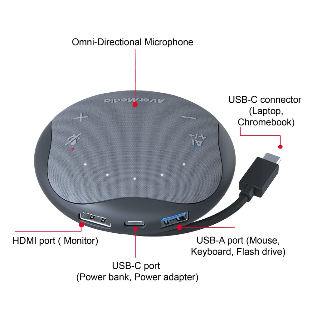 AVerMedia AS315 Portable Speakerphone Works with Zoom, Teams, Skype, USB-C Docking Station, USB Hub, Portable Conference Speaker and Microphone, AI Noise Reduction