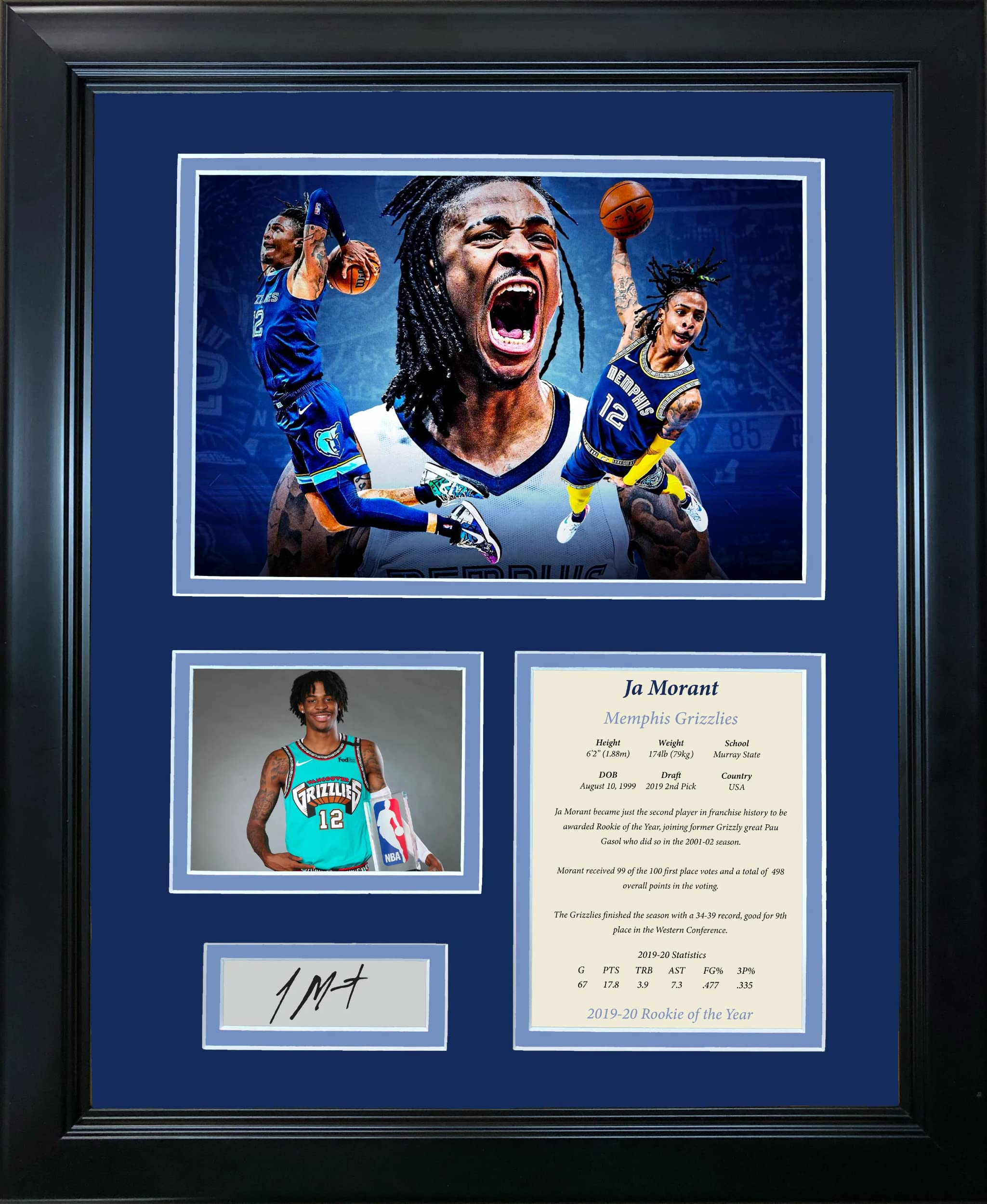 Framed Ja Morant 2019-20 Rookie of the Year Facsimile Laser Engraved Signature Auto Memphis Grizzlies Basketball 12"x15" Photo Collage