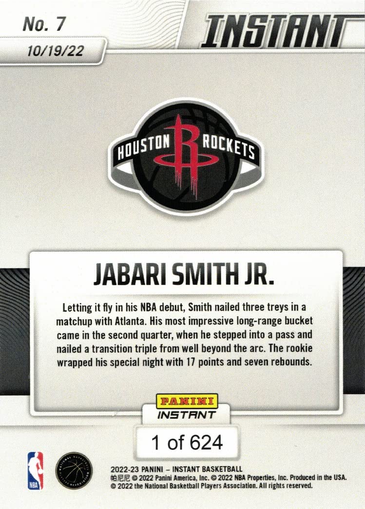 2022-23 Panini Instant Basketball #7 Jabari Smith Jr. Rookie Card Rockets - Only 624 made!