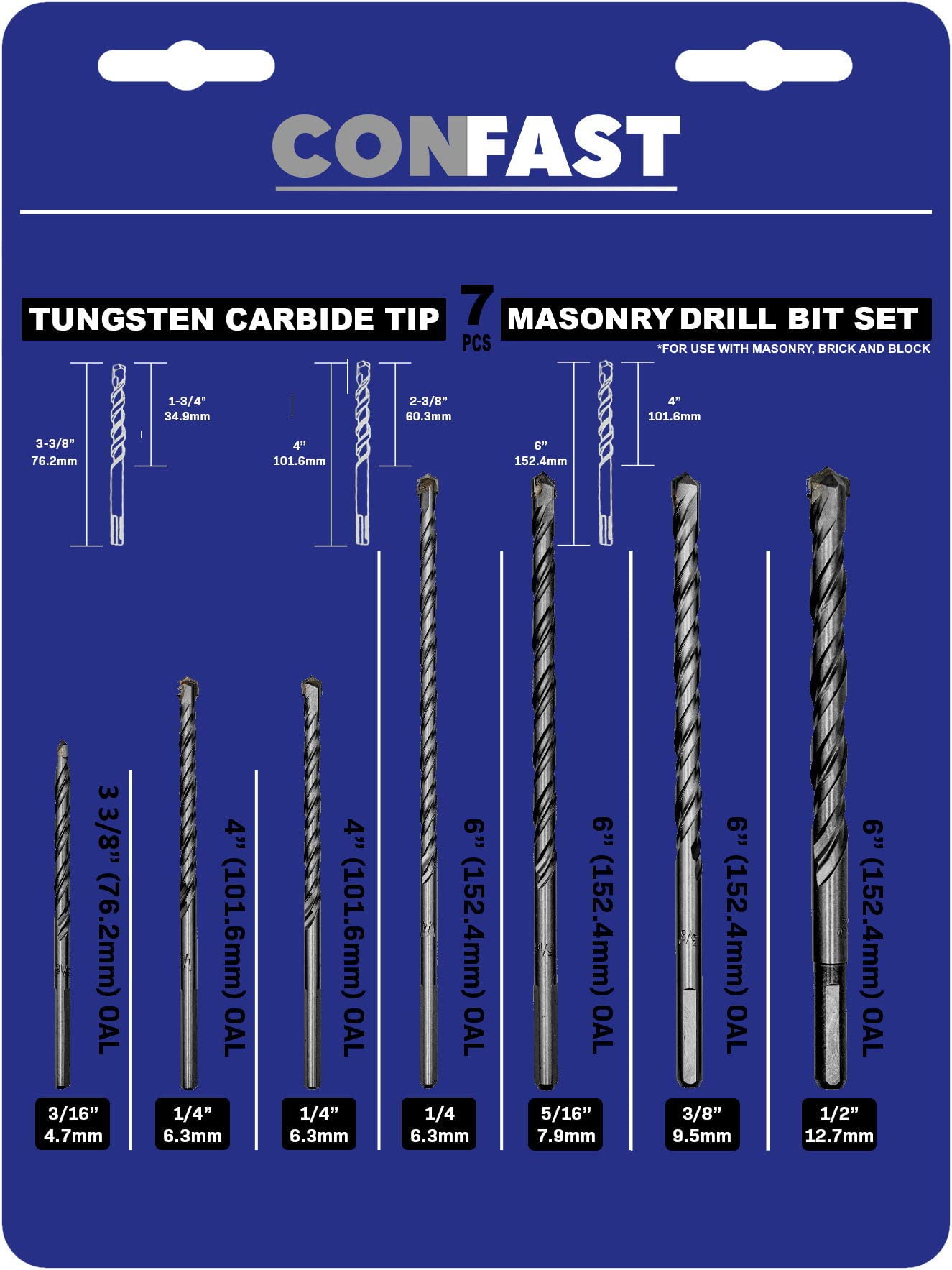 CONFAST Masonry Drill Bit 7 Piece Set, for use with Brick, Block, Concrete and Cement