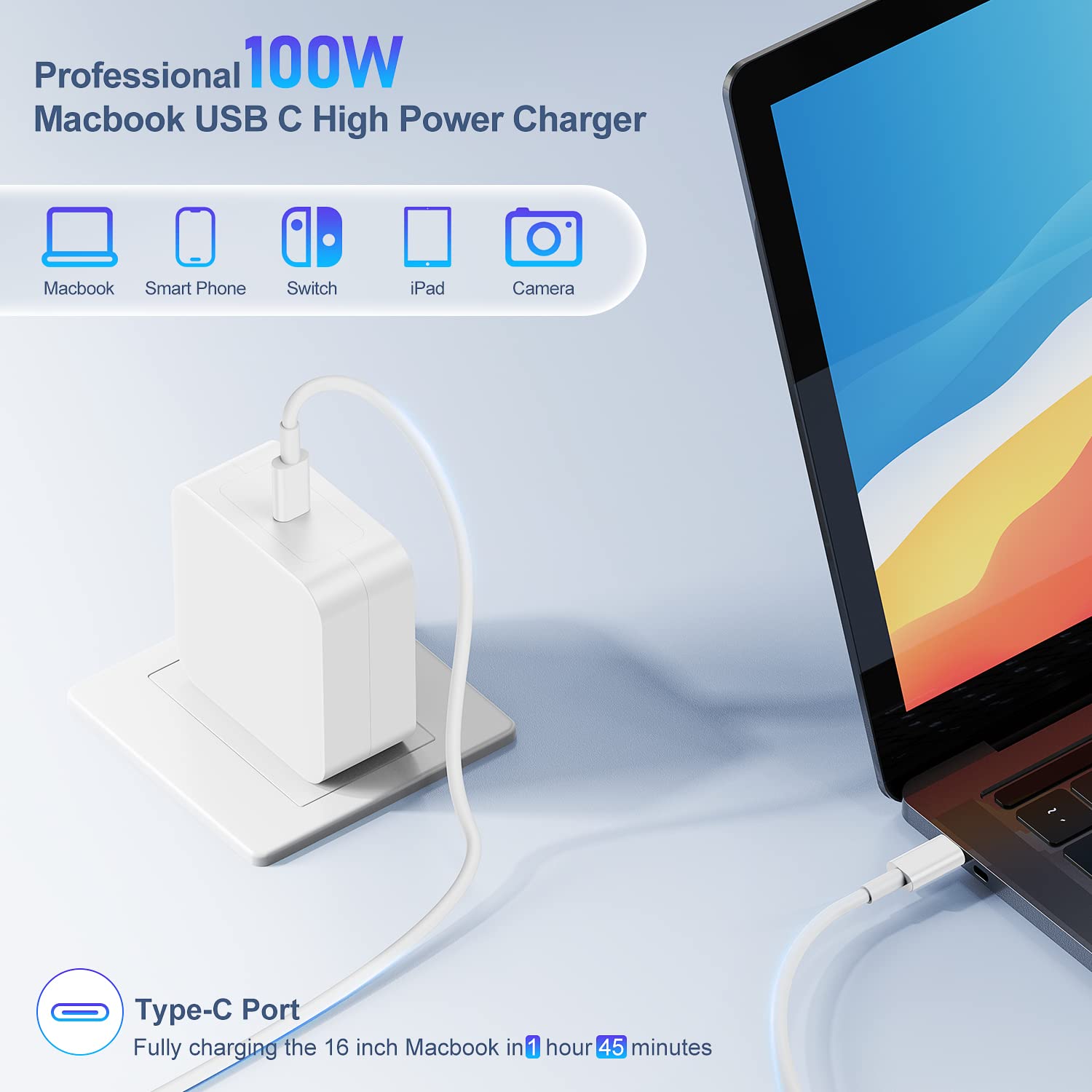 100W Mac Book Pro Charger with 6.6ft USB C to C Cable, GaN PD USB C Fast Wall Charger Power Adapter Compatible with MacBook Pro 16, 15, 14, 13 Inch, MacBook Air 13 Inch, iPad Pro 2021/2020/2019/2018