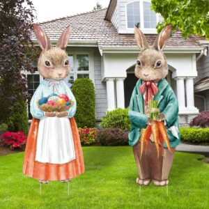 2 pack easter yard signs vintage bunnies outdoor lawn decorations easter eggs yard signs with h stands for easter party spring patio lawn supplies lawn garden decor, 33 x 12.9 inch