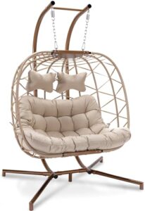 radiata double egg chair with stand luxury outdoor patio wicker loveseat hanging swing chairs resistant cushions metal frame 500 lbs capaticy for 2 persons backyard balcony beige beige rattan