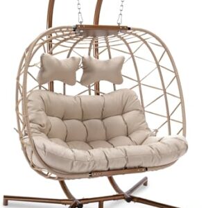 RADIATA Double Egg Chair with Stand Luxury Outdoor Patio Wicker Loveseat Hanging Swing Chairs Resistant Cushions Metal Frame 500 lbs Capaticy for 2 Persons Backyard Balcony Beige Beige Rattan