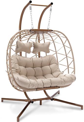 RADIATA Double Egg Chair with Stand Luxury Outdoor Patio Wicker Loveseat Hanging Swing Chairs Resistant Cushions Metal Frame 500 lbs Capaticy for 2 Persons Backyard Balcony Beige Beige Rattan