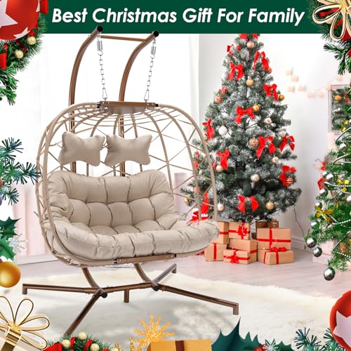 RADIATA Double Egg Chair with Stand Luxury Outdoor Patio Wicker Loveseat Hanging Swing Chairs Resistant Cushions Metal Frame 500 lbs Capaticy for 2 Persons Backyard Balcony Beige Beige Rattan