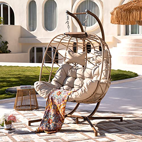 RADIATA Double Egg Chair with Stand Luxury Outdoor Patio Wicker Loveseat Hanging Swing Chairs Resistant Cushions Metal Frame 500 lbs Capaticy for 2 Persons Backyard Balcony Beige Beige Rattan