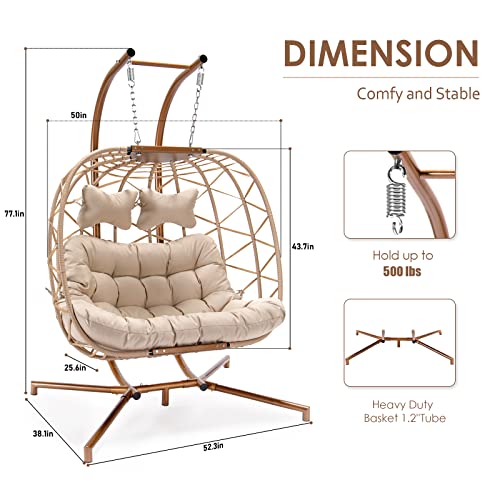 RADIATA Double Egg Chair with Stand Luxury Outdoor Patio Wicker Loveseat Hanging Swing Chairs Resistant Cushions Metal Frame 500 lbs Capaticy for 2 Persons Backyard Balcony Beige Beige Rattan