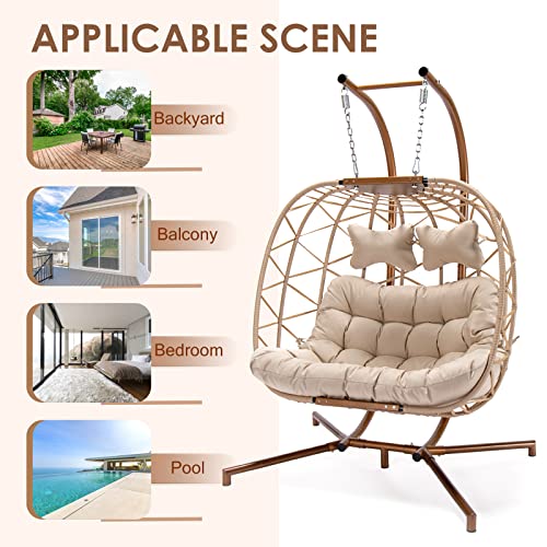 RADIATA Double Egg Chair with Stand Luxury Outdoor Patio Wicker Loveseat Hanging Swing Chairs Resistant Cushions Metal Frame 500 lbs Capaticy for 2 Persons Backyard Balcony Beige Beige Rattan