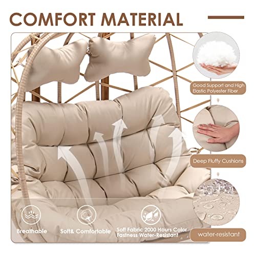 RADIATA Double Egg Chair with Stand Luxury Outdoor Patio Wicker Loveseat Hanging Swing Chairs Resistant Cushions Metal Frame 500 lbs Capaticy for 2 Persons Backyard Balcony Beige Beige Rattan