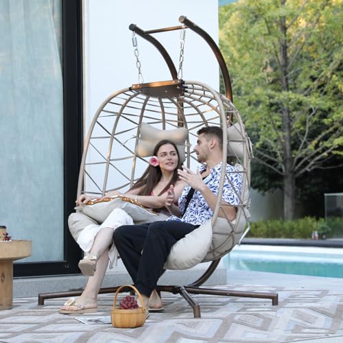 RADIATA Double Egg Chair with Stand Luxury Outdoor Patio Wicker Loveseat Hanging Swing Chairs Resistant Cushions Metal Frame 500 lbs Capaticy for 2 Persons Backyard Balcony Beige Beige Rattan