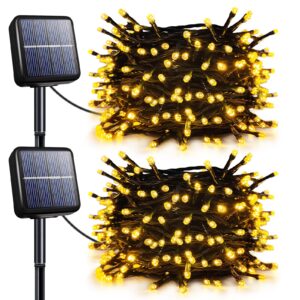 tiang solar string lights, 2 pack x 200led 72ft total 400led 8 modes warm white solar string outdoor lights, waterproof solar ball fairy lights for garden, patio, wedding, xmas tree, outdoor decor