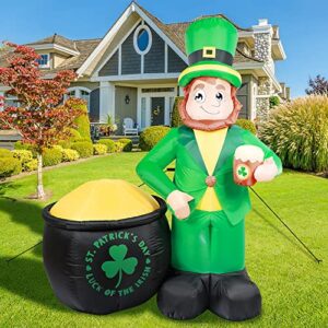 GUDELAK 6FT St Patricks Day Inflatables Outdoor Decorations, Inflatable Leprechaun with Gold Pot and Holding Beer in Hand with Build-in LEDs Lights for Indoor Outdoor Lawn Yard St Patricks Day Decor