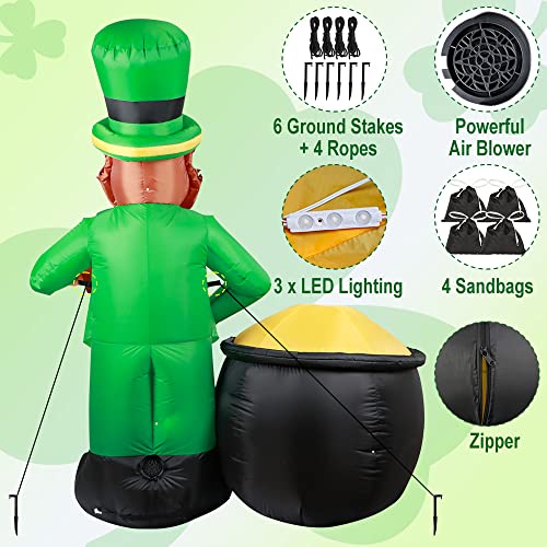 GUDELAK 6FT St Patricks Day Inflatables Outdoor Decorations, Inflatable Leprechaun with Gold Pot and Holding Beer in Hand with Build-in LEDs Lights for Indoor Outdoor Lawn Yard St Patricks Day Decor