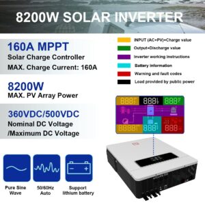 Y&H 8.2KW On/Off Grid Solar Hybrid Inverter Built-in 160A Charge Controller PV Max 500V Input DC48V to AC230V Pure Sine Wave Inverter for Home Energy Storage RV Shed Off-Grid System