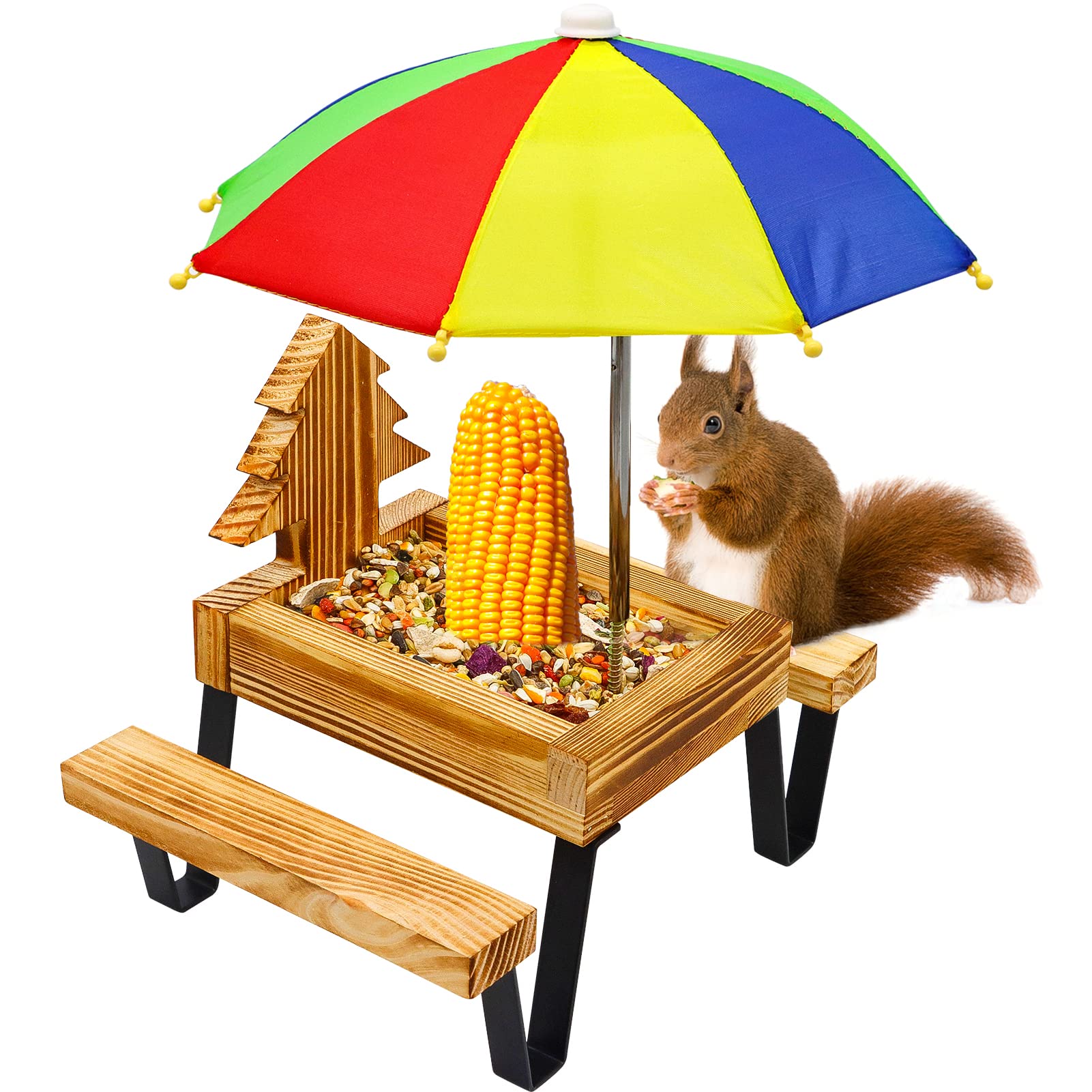 Squirrel Feeder, Squirrel Picnic Table Feeder for Outside with Umbrella Benches Carbonized Wood Bird Chipmunk Feeder Picnic Solid Structure Hanging Corn Cob Holder Snacks Peanuts Pet Gifts