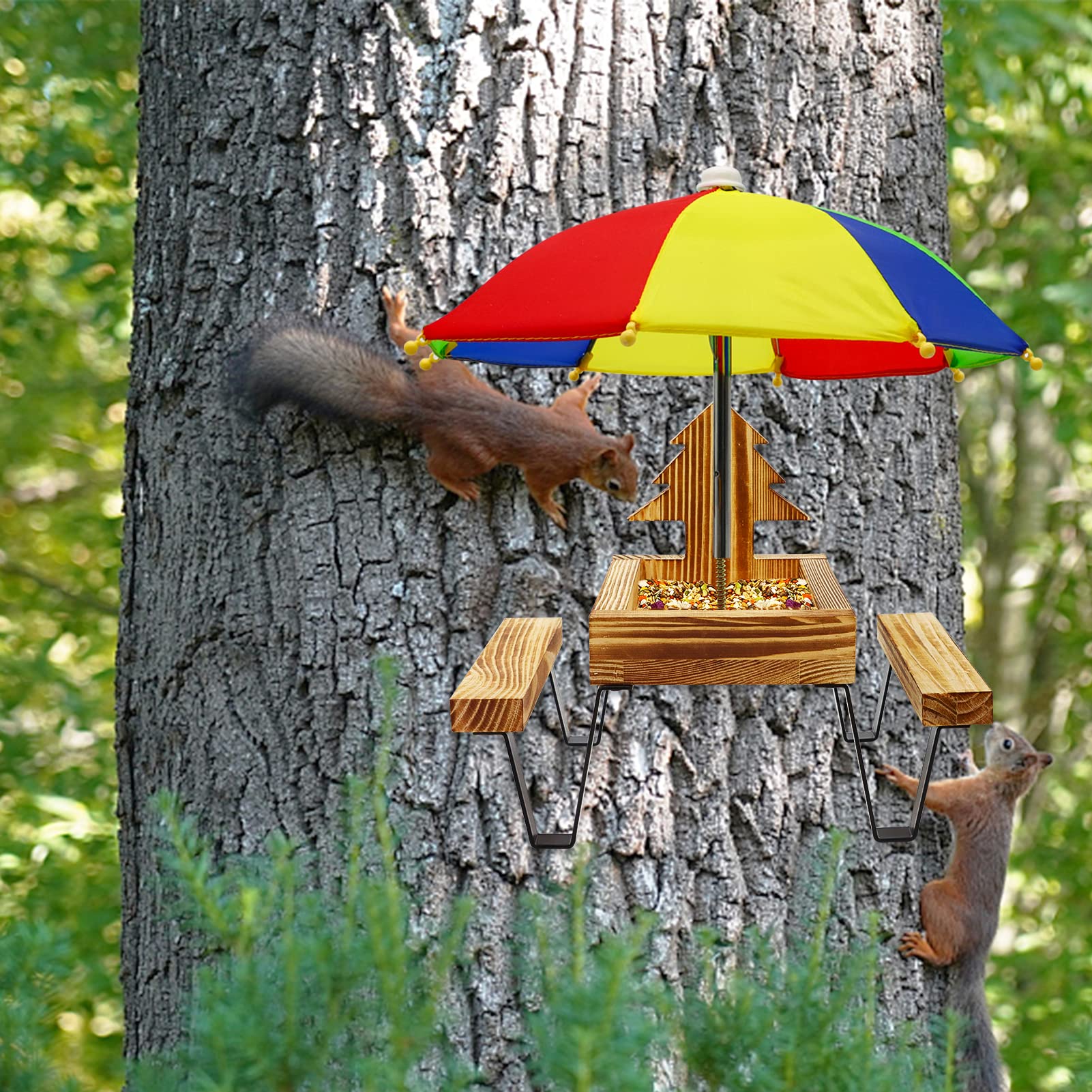 Squirrel Feeder, Squirrel Picnic Table Feeder for Outside with Umbrella Benches Carbonized Wood Bird Chipmunk Feeder Picnic Solid Structure Hanging Corn Cob Holder Snacks Peanuts Pet Gifts