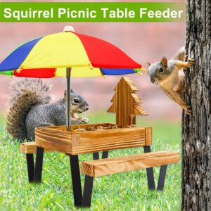 Squirrel Feeder, Squirrel Picnic Table Feeder for Outside with Umbrella Benches Carbonized Wood Bird Chipmunk Feeder Picnic Solid Structure Hanging Corn Cob Holder Snacks Peanuts Pet Gifts