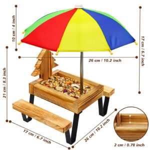 Squirrel Feeder, Squirrel Picnic Table Feeder for Outside with Umbrella Benches Carbonized Wood Bird Chipmunk Feeder Picnic Solid Structure Hanging Corn Cob Holder Snacks Peanuts Pet Gifts