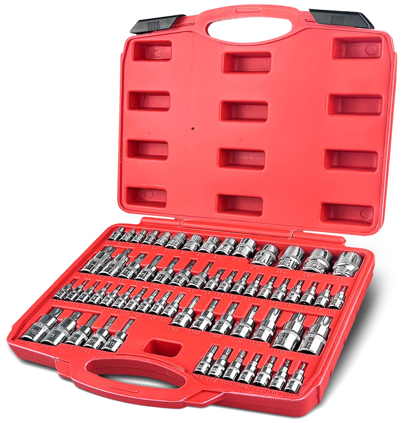 EACELIY 60pcs Torx Bit Socket Set, Hex Star Sockets, S2 and CR-V Steel, Includes Torx E socket (E4-E24), Torx Bit Socket (T6-T70), Torx Tamper Bit Socket (TT6-TT70), Torx Plus Bit Socket (TP8-TP60)