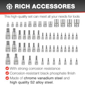 EACELIY 60pcs Torx Bit Socket Set, Hex Star Sockets, S2 and CR-V Steel, Includes Torx E socket (E4-E24), Torx Bit Socket (T6-T70), Torx Tamper Bit Socket (TT6-TT70), Torx Plus Bit Socket (TP8-TP60)